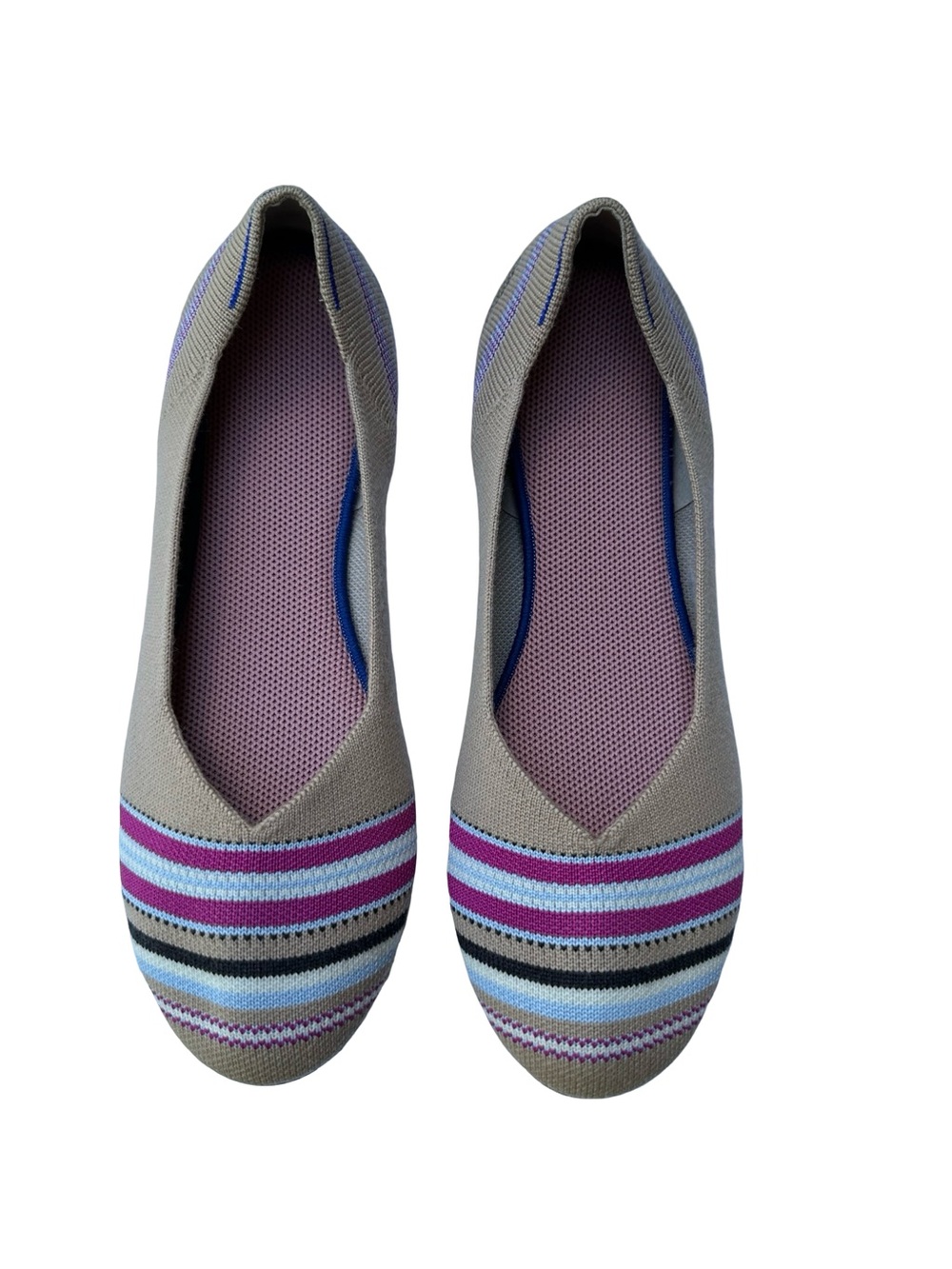 Rothy’s Tan with Blue and Pink toe stripe Ballet flats, US sz 10